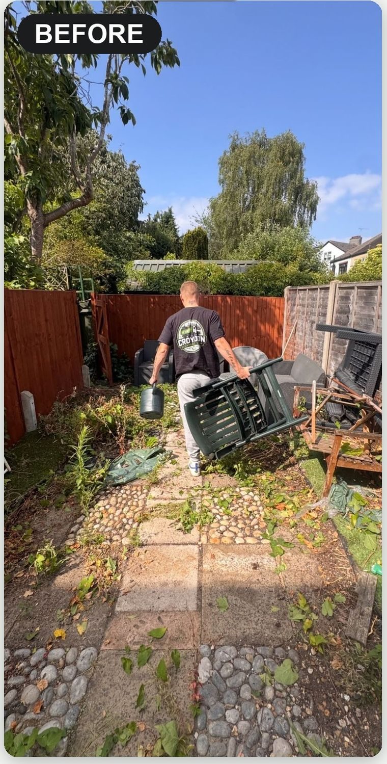 The same Croydon garden before clearance, overgrown and full of rubbish